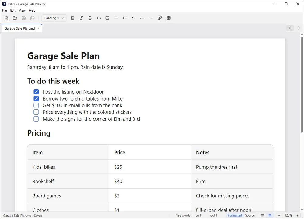 The garage sale file in Italics: a bold title, real tickable checkboxes with two already ticked, and a clean three-column price table.