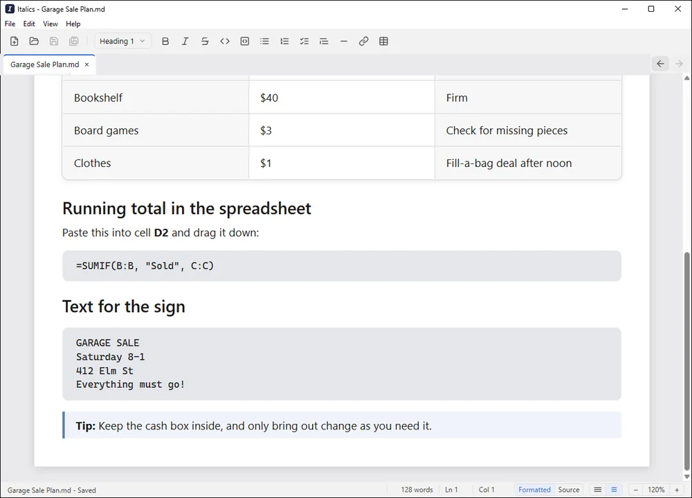 Further down the same file in Italics: the spreadsheet formula and the sign text each in a shaded code box with no backticks, and the tip as a tidy callout with Tip in bold.