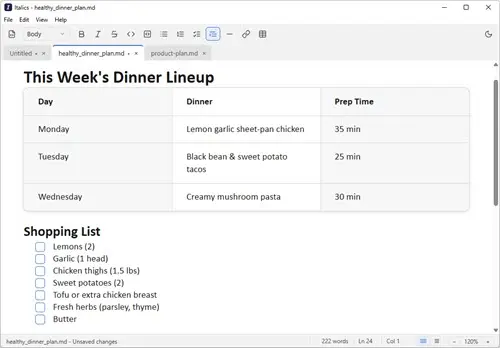 The same file in Italics: a bold heading, a real three-column table, and a proper tickable checklist. No symbols.