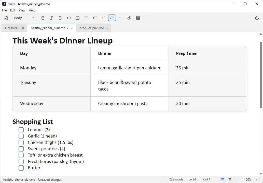 The Italics app showing healthy_dinner_plan.md as a clean, formatted document with a bold heading, a three-column table of days, dinners and prep times, and a ticked shopping list. No markdown symbols anywhere.