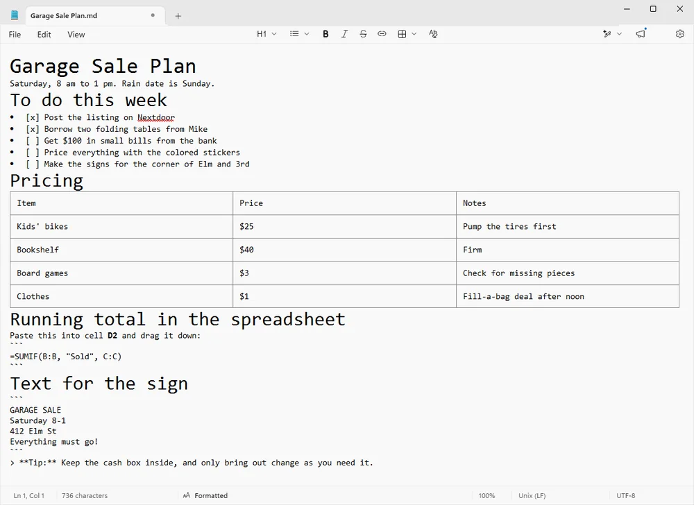 Notepad on Windows 11 with formatting on. The headings are large and the table is drawn as a grid, but the checklist still shows [x] and [ ], both code sections keep their triple-backtick fences, the tip line still starts with > and **, and the sections are crammed together with no spacing.