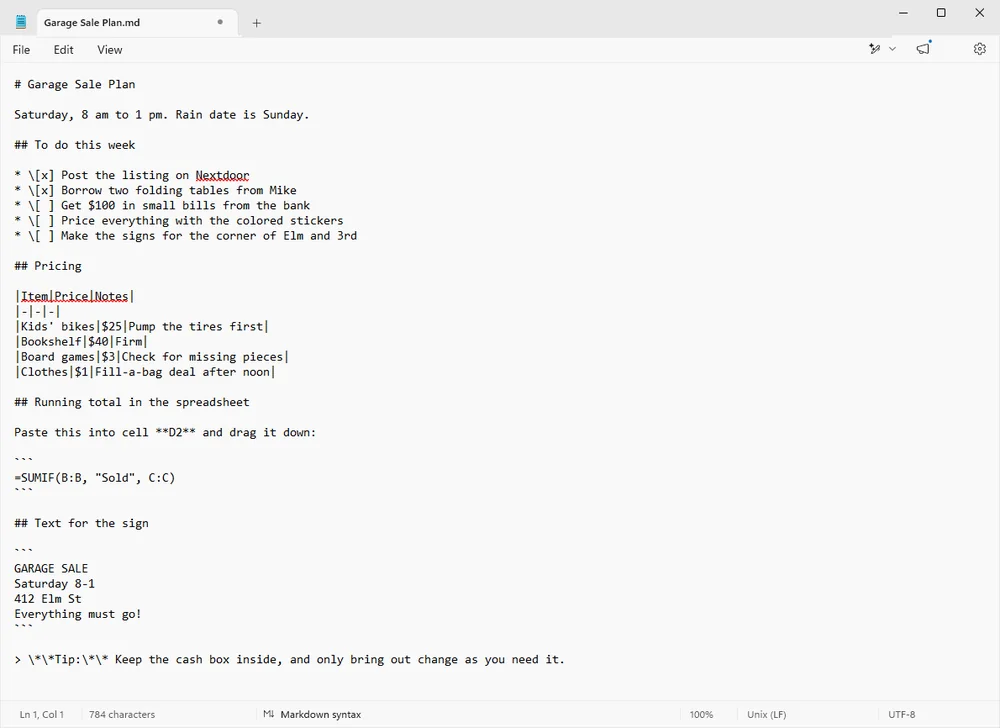 The same file in Notepad after switching to formatted view and back, with nothing typed. The checklist lines now read * \[x] and * \[ ], the tip reads \*\*Tip:\*\* with escaped asterisks, and the table rows are compressed with no spaces around the pipes.