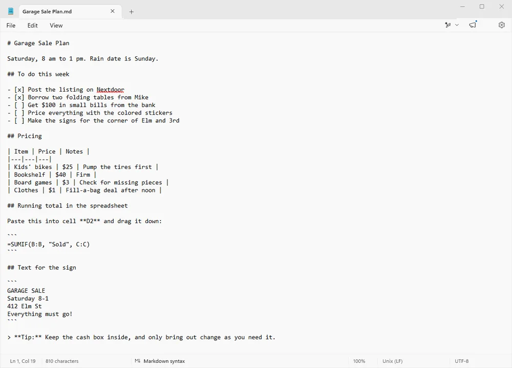 The same file in Notepad's Markdown syntax view: hashes in front of every heading, the table drawn out of pipes and dashes, checkboxes written as bracket pairs, and code fenced with backticks.