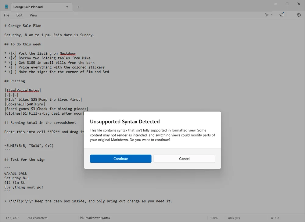 Notepad's Unsupported Syntax Detected dialog: This file contains syntax that isn't fully supported in formatted view. Some content may not render as intended, and switching views could modify parts of your original Markdown. Do you want to continue?