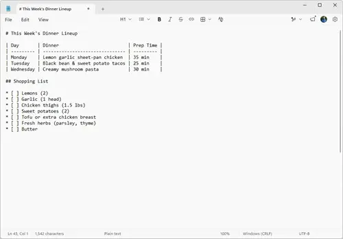 The file open in Notepad: raw Markdown with hashes in front of the headings, the table drawn out of pipes and dashes, and the checklist written as bracket pairs.